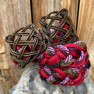 Vintage Braided Knotted Macrame Belt Woven Metal Buckle Red Purple XS